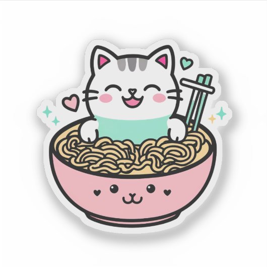 Noodle Kitty - Kawaii Ramen Cat Aufkleber (Vorderseite)