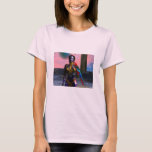 NORA CYBER WARRIOR HOLDING MACAW Science Fiction T-Shirt<br><div class="desc">Schwarz tätoted Schönheit mit eleganten goldenen Juwelen mit ihrem farbenfrohen roten Papagei,  unter dem rosa kosmischen Himmel mit blauen Planeten.Künstlerische Animation Rahmen aus Hyperion World 3d Animation sci-fi Spielfilm .Bulgan Lumini (c)</div>
