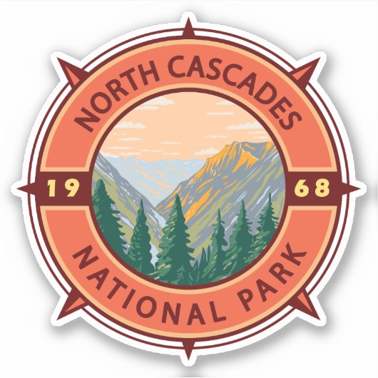 Nord Cascades Nationalpark Retro Kompass Emblem Aufkleber (Vorderseite)