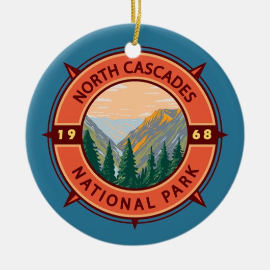 Nord Cascades Nationalpark Retro Kompass Emblem Keramik Ornament (Vorne)
