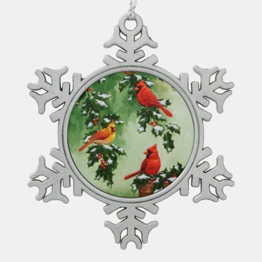 Nord-Rote Kardinal und Holly Schneeflocken Zinn-Ornament (Vorderseite)