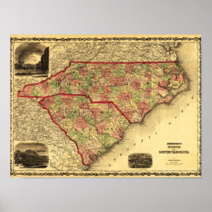 Nord und Süd CarolinaPanoramic Karte Poster