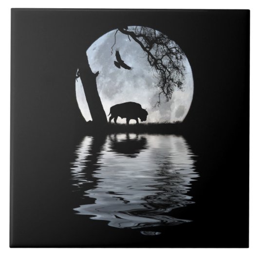 Nordamerikanische Buffalo und Raven mit Vollmond Fliese (Vorderseite)