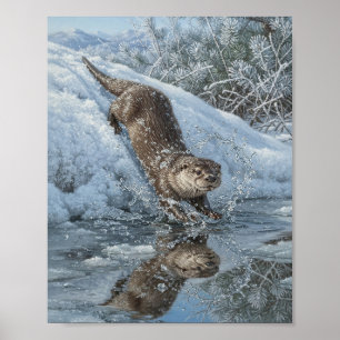 Nordamerikanischer Flussotter Schneerutsche Wasser Poster