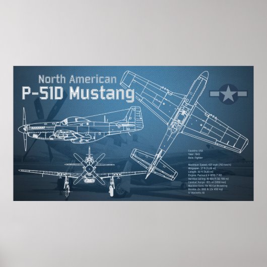 Nordamerikanischer P-51D Mustang Blueprint Poster (Vorne)