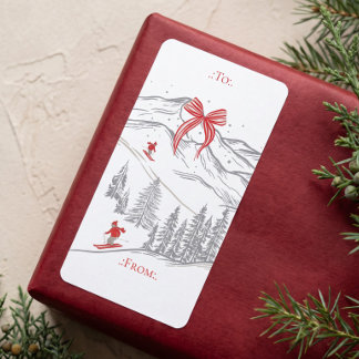 Nordic Alpine Mountain Red Bow Christmas To From Adressaufkleber