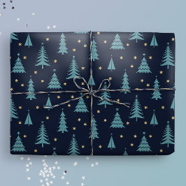 Nordic Aquamarin Christmas Trees Dark Geschenkpapier