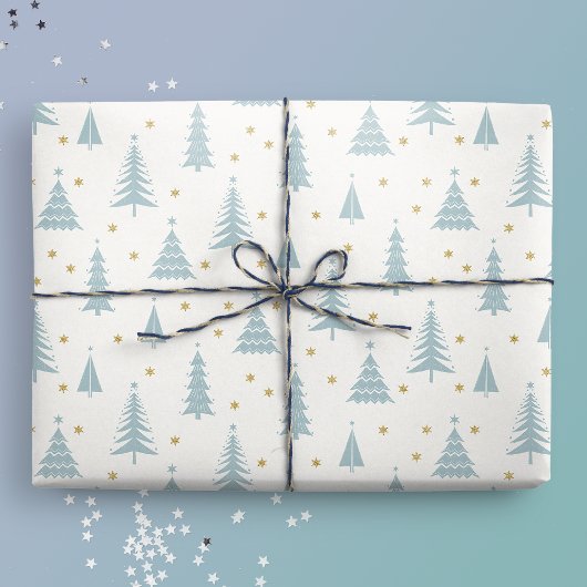 Nordic Aquamarin Christmas Trees White Geschenkpapier