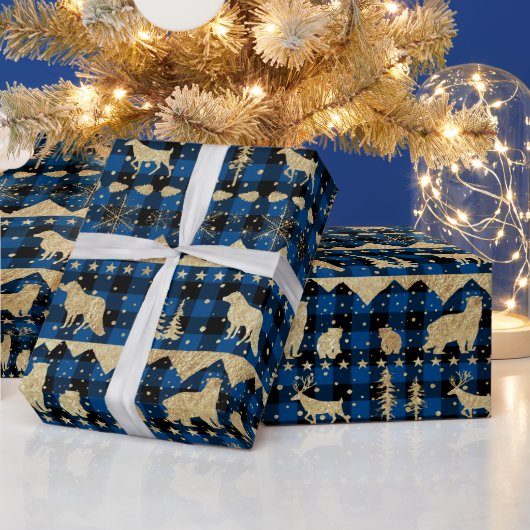 Nordic Blue Buffalo Kariert Gold Winter Animals Geschenkpapier (Feiertage)
