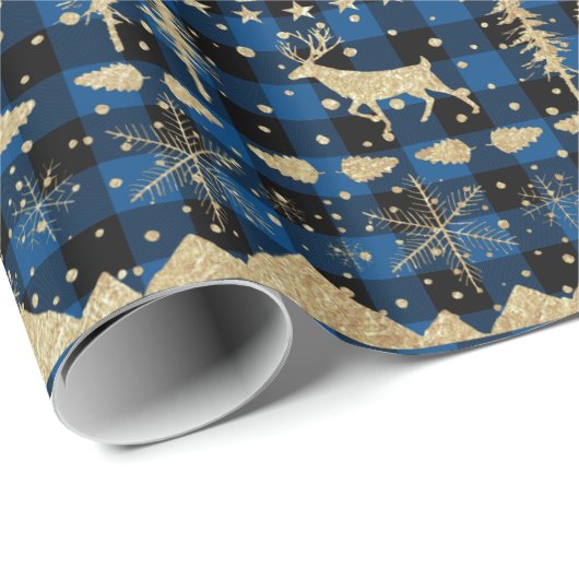 Nordic Blue Buffalo Kariert Gold Winter Animals Geschenkpapier (Rolleneckpunkt)