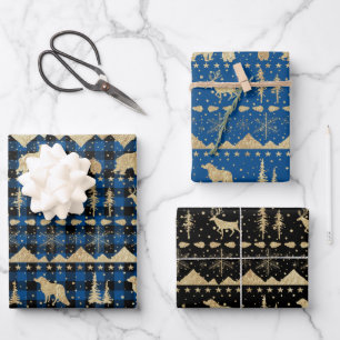 Nordic Blue Buffalo Kariert Gold Winter Animals Geschenkpapier Set