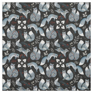 Nordic Blue Fox Red Greenery Watercolor Stoff