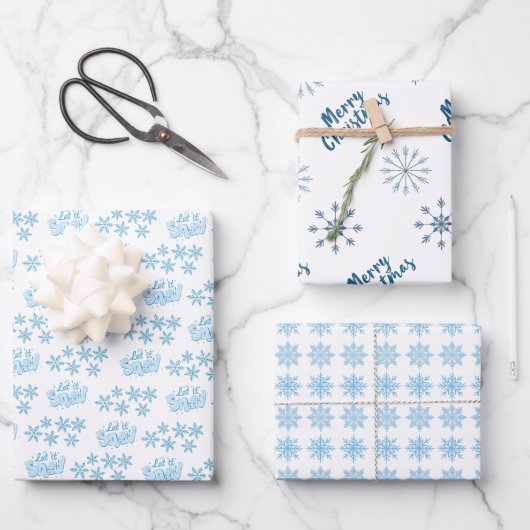 Nordic Blue Frohe Weihnachten Let It Schneeflocken Geschenkpapier Set (Vorderseite)