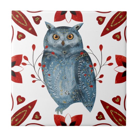 Nordic Blue Owl Wasserfarbe Folklorekunst Fliese (Vorderseite)