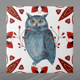 Nordic Blue Owl Wasserfarbe Folklorekunst Fliese