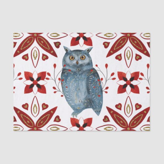 Nordic Blue Owl Wasserfarbe Folklorekunst Seidenpapier (Vorderseite)