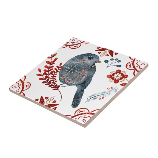 Nordic Blue Songbird Wasserfarbe Kunst Fliese (Seite)