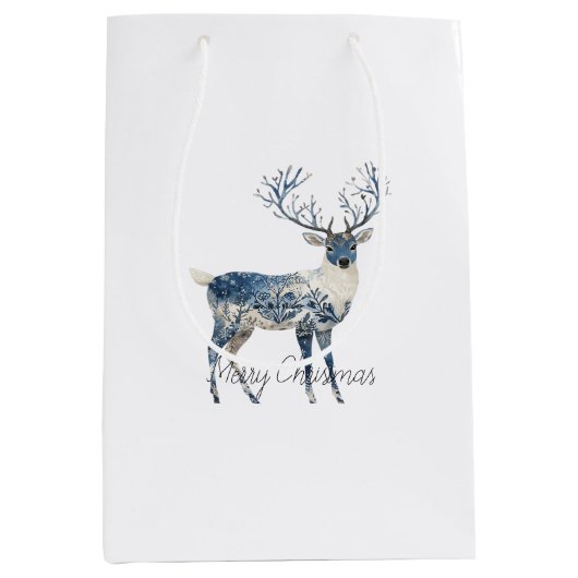 Nordic Blue White Deer Christmas Mittlere Geschenktüte (Vorderseite)