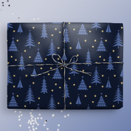 Nordic Cobalt Blue Christmas Trees Dark Geschenkpapier