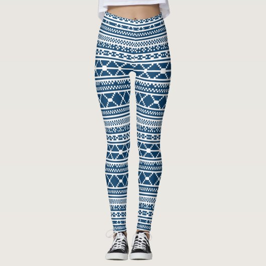 Nordic Fair Isle Sweater Blue White Knit Pattern Leggings (Vorderseite)