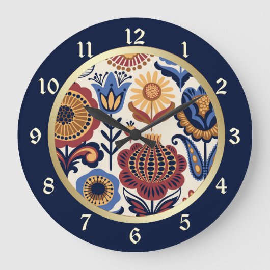 Nordic Flower Folk Art Pattern Große Wanduhr (Vorderseite)