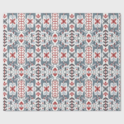 Nordic Folk Art Blue Dala Pferde und Pflanze Geschenkpapier (Flach)