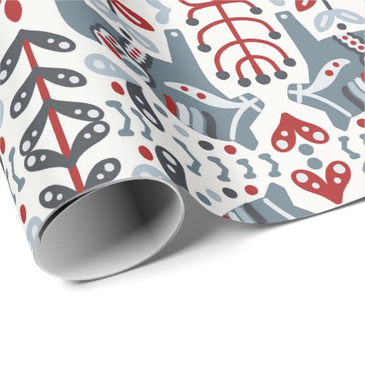 Nordic Folk Art Blue Dala Pferde und Pflanze Geschenkpapier (Rolleneckpunkt)