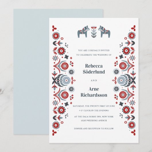 Nordic Folk Art Dala Pferd Skandinavische Hochzeit Einladung (Vorne/Hinten)