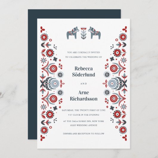 Nordic Folk Art Dala Pferd Skandinavische Hochzeit Einladung (Vorne/Hinten)