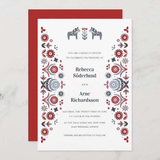 Nordic Folk Art Dala Pferd Skandinavische Hochzeit Einladung (Vorne/Hinten)