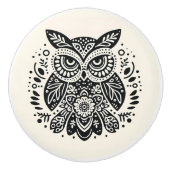 Nordic Folk Art Grumpy Owl Ivory Black Keramikknauf (Vorderseite)