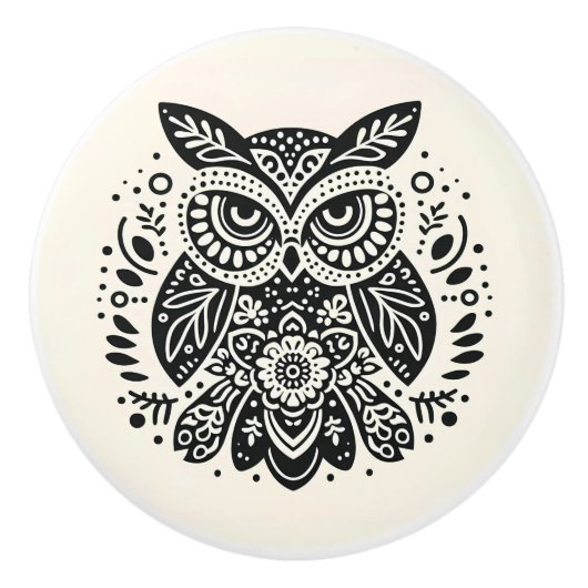 Nordic Folk Art Grumpy Owl Ivory Black Keramikknauf (Vorderseite)