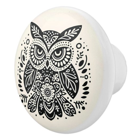 Nordic Folk Art Grumpy Owl Ivory Black Keramikknauf (Rechts)