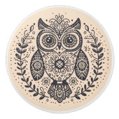 Nordic Folk Art Owl Beige Black Keramikknauf (Vorderseite)