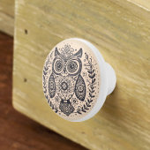 Nordic Folk Art Owl Beige Black Keramikknauf
