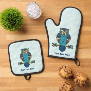 Nordic Folk Art Owl Ofenhandschuh & Topflappen-Set