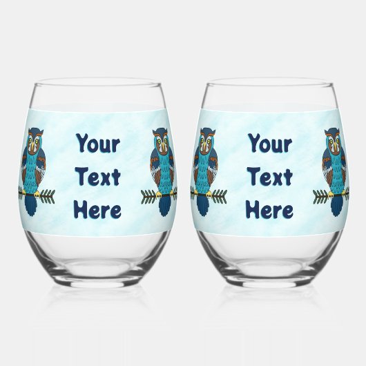 Nordic Folk Art Owl Weinglas Ohne Stiel (Rückseite)