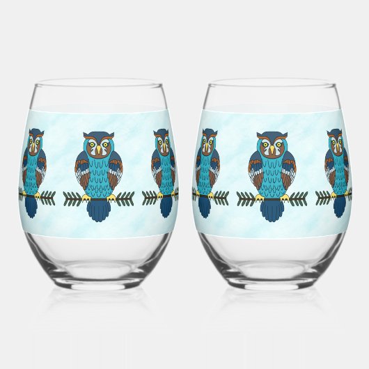 Nordic Folk Art Owl Weinglas Ohne Stiel (Vorderseite)