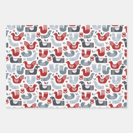 Nordic Folk Art Red Blue Birds Blume Dala Pferd Geschenkpapier Set (Vorderseite)