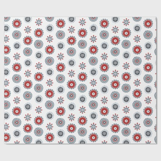 Nordic Folk Art Red Blue Circles und Blume Geschenkpapier (Flach)