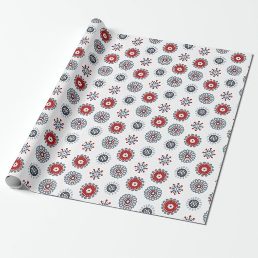 Nordic Folk Art Red Blue Circles und Blume Geschenkpapier (Ungerollt)