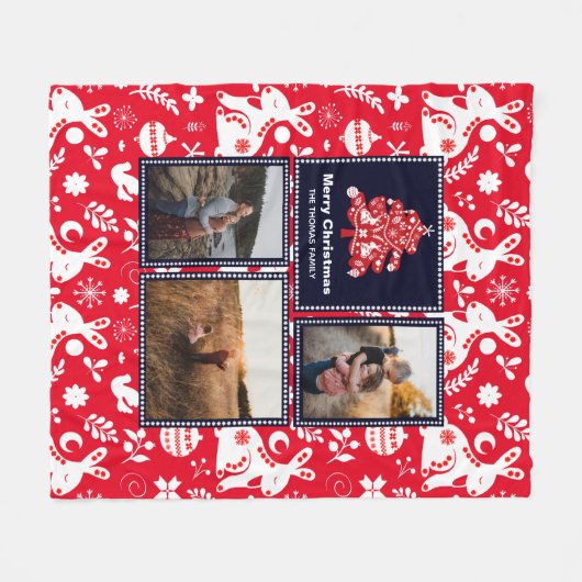 Nordic Folk Pattern Festliches Weihnachtsbaum Foto Fleecedecke (Vorderseite (Horizontal))
