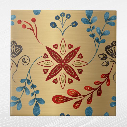 Nordic Gold Red Blue Blätter Muster Graphic Fliese