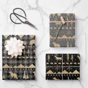 Nordic Gray Buffalo Kariert Gold Winter Animals Geschenkpapier Set