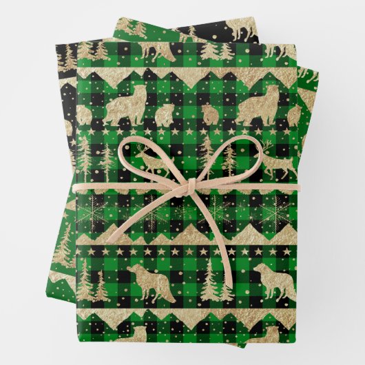Nordic Green Buffalo Kariert Gold Winter Animals Geschenkpapier Set (Beispiel)