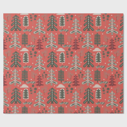 Nordic Green und White Tree Muster auf Red Geschenkpapier (Flach)