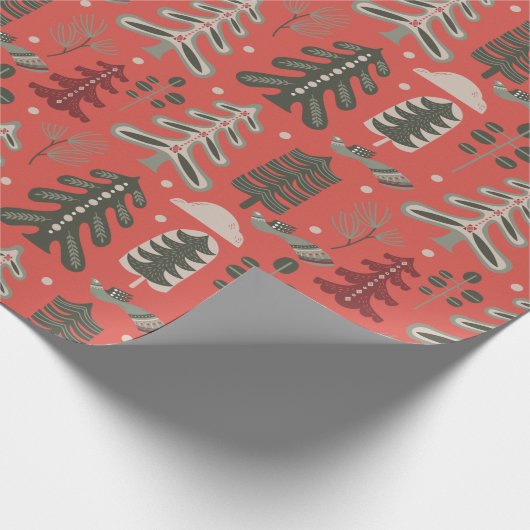 Nordic Green und White Tree Muster auf Red Geschenkpapier (Ecke)