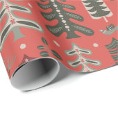 Nordic Green und White Tree Muster auf Red Geschenkpapier (Rolleneckpunkt)