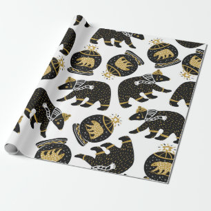 Nordic Holiday Black & Gold Bears Wrapping Paper Geschenkpapier