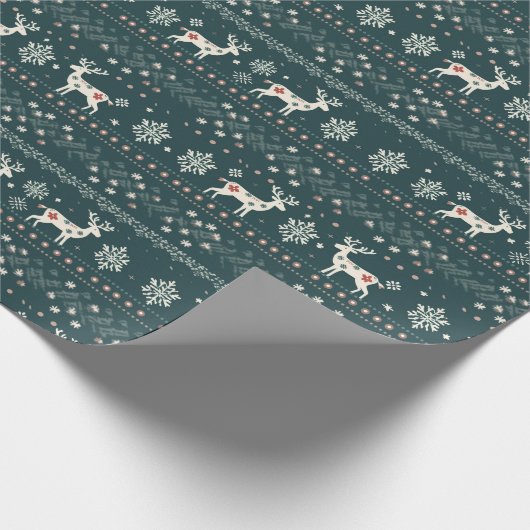 Nordic Knittern Muster grüner Weihnachtsbaum Geschenkpapier (Ecke)